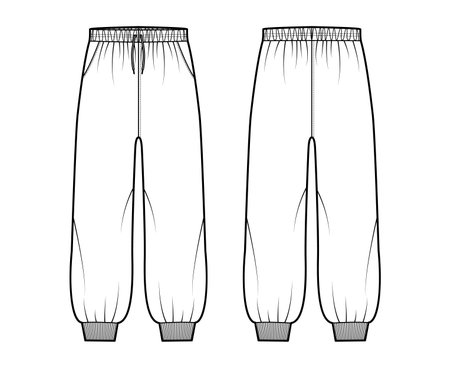 Shorts Sweatpants technical fashion illustration with elastic cuffs, low waist, rise, drawstrings, ankle length. Flat training joggers trousers template front, back, white color. Women men unisex CADのイラスト素材