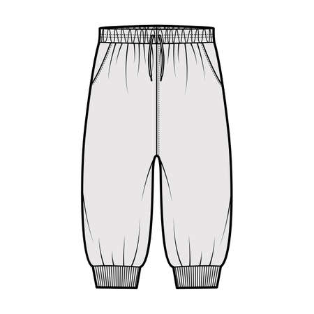 Shorts Sweatpants technical fashion illustration with elastic cuffs, low waist, rise, drawstrings, knee length. Flat joggers trousers apparel template front, grey color. Women men unisex CAD mockupのイラスト素材