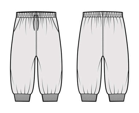 Shorts Sweatpants technical fashion illustration with elastic cuffs, low waist, rise, drawstrings, knee length. Flat training joggers trousers apparel template front, back grey color. Women men mockupのイラスト素材