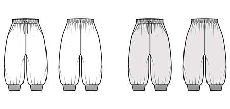 Shorts Sweatpants technical fashion illustration with elastic cuffs, normal waist, high rise, drawstrings, knee length. Flat training trousers template front, back, white grey color. Women CAD mockupのイラスト素材