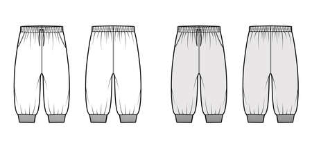 Shorts Sweatpants technical fashion illustration with low waist, rise, drawstrings, knee length. Flat training joggers trousers apparel template front, back, white grey color. Women unisex CAD mockupのイラスト素材