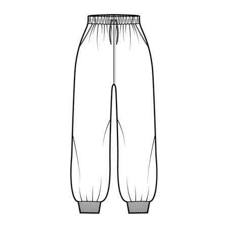Shorts Sweatpants technical fashion illustration with elastic cuffs, normal waist, high rise, drawstrings, midi ankle length. Flat joggers trousers template front, white color. Women men unisex CADのイラスト素材