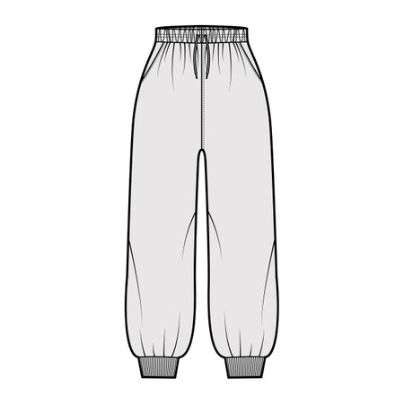 Shorts Sweatpants technical fashion illustration with elastic cuffs, normal waist, rise, drawstrings, midi ankle length. Flat joggers trousers template front, grey color. Women men unisex CAD mockupのイラスト素材