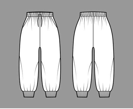 Shorts Sweatpants technical fashion illustration with elastic cuffs, normal waist, high rise, drawstrings, calf length. Flat joggers trousers apparel template front back, white color. Women men unisexのイラスト素材