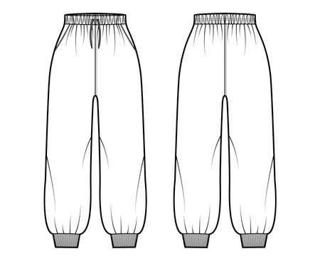 Shorts Sweatpants technical fashion illustration with elastic cuffs, normal waist, high rise, drawstrings, midi ankle length. Flat joggers trousers template front, back, white color. Women men mockupのイラスト素材