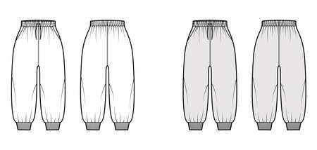 Shorts Sweatpants technical fashion illustration with cuffs, high rise, drawstrings, calf length. Flat joggers trousers apparel template front, back, white grey color. Women men unisex CAD mockupのイラスト素材