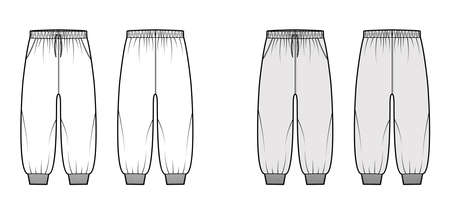 Shorts Sweatpants technical fashion illustration with low waist, drawstrings, calf length. Flat training joggers trousers apparel template front, back, white grey color. Women men unisex CAD mockupのイラスト素材