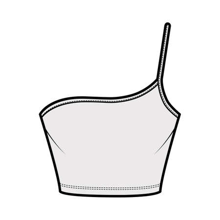 One shoulder camisole Bustier top technical fashion illustration with cropped length, spaghetti strap. Flat bra swimwear lingerie template front grey color style. Women men unisex underwear CAD mockupのイラスト素材