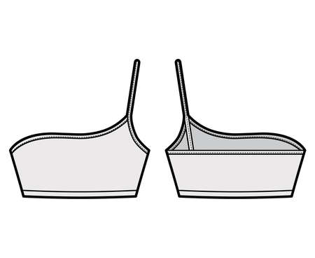 One shoulder bralette top technical fashion illustration with cropped length, spaghetti strap. Flat bra swimwear lingerie template front, back, grey color style. Women men unisex underwear CAD mockupのイラスト素材