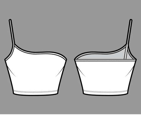 One shoulder camisole Bustier top technical fashion illustration with cropped length, spaghetti strap. Flat bra swimwear lingerie template front, back white color style. Women men unisex underwear CADのイラスト素材
