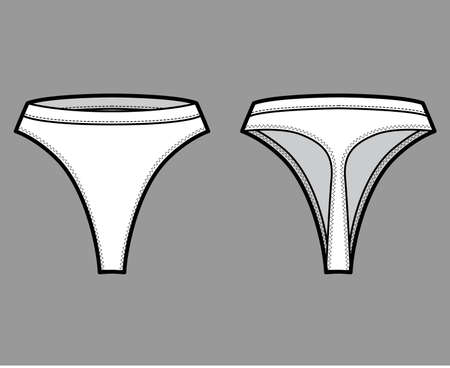 Thongs technical fashion illustration with high rise, elastic waistband, small hips coverage. Flat briefs lingerie template front, back, white color style. Women men unisex underwear CAD mockupのイラスト素材