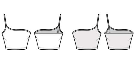 One shoulder camisole Bustier top technical fashion illustration with cropped length, spaghetti strap. Flat bra swimwear lingerie front, back, white, grey color. Women men unisex underwear CAD mockupのイラスト素材