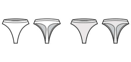Thongs technical fashion illustration with high rise, elastic waistband, small hips coverage. Flat briefs lingerie template front, back, white, grey color style. Women men unisex underwear CAD mockupのイラスト素材