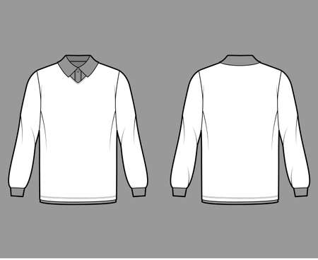 Shirt double technical fashion illustration with long sleeves, tunic length, henley neck, oversized, flat classic collar. Apparel top outwear template front, back, white color. Women men CAD mockupのイラスト素材