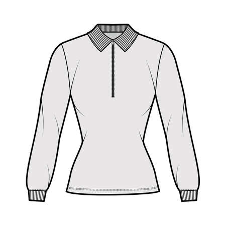 Shirt zip-up polo technical fashion illustration with long sleeves, tunic length, henley neck, fitted body, flat knit collar. Apparel top outwear template front, grey color. Women men CAD mockupのイラスト素材