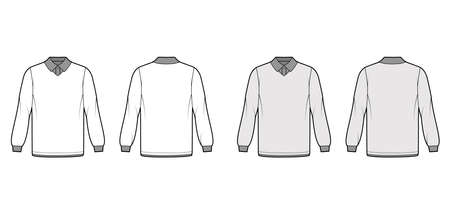 Shirt double technical fashion illustration with long sleeves, tunic length, henley neck, oversized, flat classic collar. Apparel top outwear template front, back, white, grey color. Women CAD mockupのイラスト素材