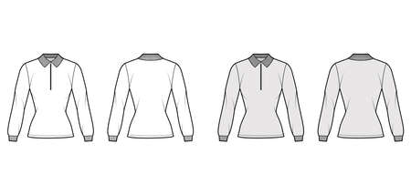 Shirt zip-up polo technical fashion illustration with long sleeves, tunic length, henley neck, fitted body, flat knit collar. Apparel top template front, back, white, grey color. Women men CAD mockupのイラスト素材