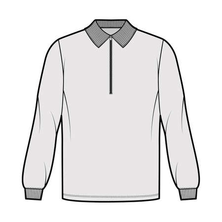 Shirt zip-up polo technical fashion illustration with long sleeves, tunic length, henley neck, oversized, flat knit collar. Apparel top outwear template front, grey color. Women men CAD mockupのイラスト素材