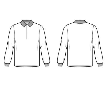Shirt zip-up polo technical fashion illustration with long sleeves, tunic length, henley neck, oversized, flat knit collar. Apparel top outwear template front, back, white color. Women men CAD mockupのイラスト素材