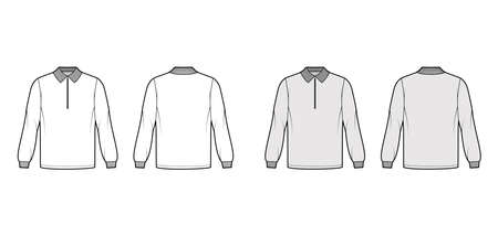 Shirt zip-up polo technical fashion illustration with long sleeves, tunic length, henley neck, oversized, flat knit collar. Apparel top outwear template front, back, white, grey color. Women men CADのイラスト素材