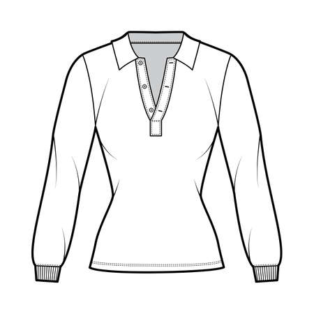 Shirt polo technical fashion illustration with long sleeves, tunic length, open henley neck, slim fit, flat collar. Apparel top outwear template front, white color style. Women men CAD mockupのイラスト素材