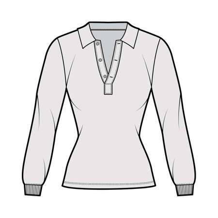 Shirt polo technical fashion illustration with long sleeves, tunic length, open henley neck, slim fit, flat collar. Apparel top outwear template front, grey color. Women, men, unisex CAD mockupのイラスト素材