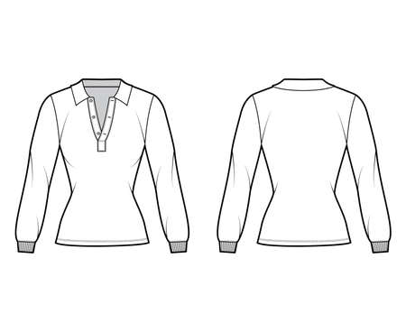 Shirt polo technical fashion illustration with long sleeves, tunic length, open henley neck, slim fit, flat collar. Apparel top outwear template front, back, white color style. Women men CAD mockupのイラスト素材