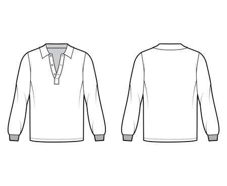 Shirt polo technical fashion illustration with long sleeves, elastic cuff, henley open neck, oversized, flat collar. Apparel top outwear template front, back, white color style. Women, men, CAD mockupのイラスト素材