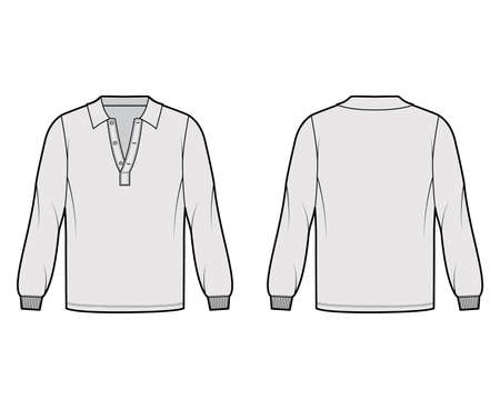 Shirt polo technical fashion illustration with long sleeves, elastic cuff, henley open neck, oversized, flat collar. Apparel top template front, back, grey color style. Women, men, unisex CAD mockupのイラスト素材
