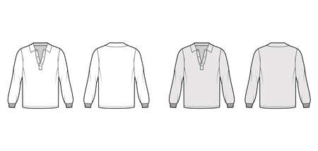 Shirt polo technical fashion illustration with long sleeves, elastic cuff, henley open neck, flat collar. Apparel top outwear template front, back, white, grey color style. Women, men, unisex mockupのイラスト素材