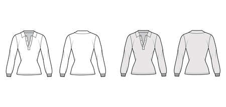 Shirt polo technical fashion illustration with long sleeves, tunic length, open henley neck, slim fit, flat collar. Apparel top outwear template front, back, white, grey color. Women men CAD mockupのイラスト素材