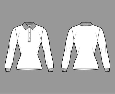 Shirt polo fitted technical fashion illustration with long sleeves, tunic length, henley neck, flat knit collar. Apparel top outwear template front, back white color style. Women men unisex CAD mockupのイラスト素材