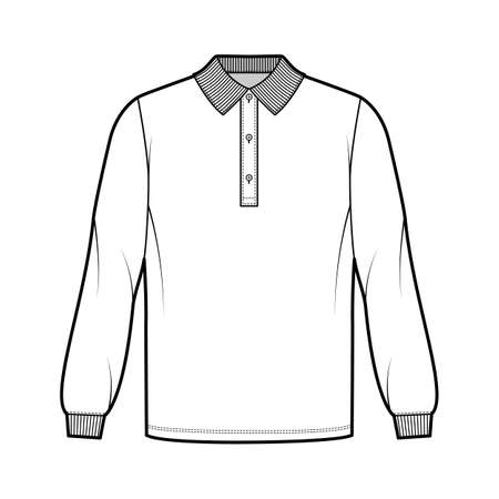 Shirt polo oversized technical fashion illustration with long sleeves, tunic length, henley button neck, flat knit collar. Apparel top outwear template front, white color style. Women men CAD mockupのイラスト素材