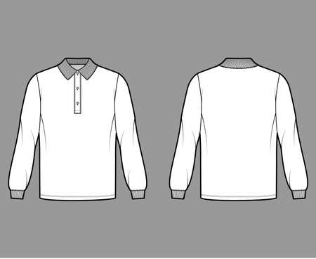 Shirt polo oversized technical fashion illustration with long sleeves, tunic length, henley button neck, flat knit collar. Apparel top outwear template front, back, white color style. Women men mockupのイラスト素材