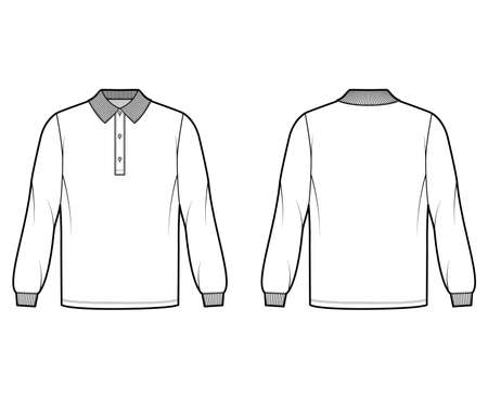 Shirt polo oversized technical fashion illustration with long sleeves, tunic length, henley button neck, flat knit collar. Apparel top outwear template front, back, white color style. Women CAD mockupのイラスト素材