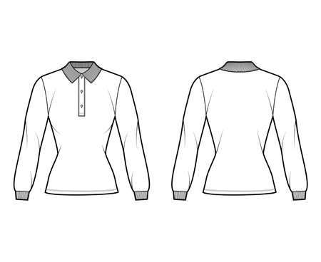 Shirt polo fitted technical fashion illustration with long sleeves, tunic length, henley button neck, flat knit collar. Apparel top outwear template front, back white color style. Women men unisex CADのイラスト素材