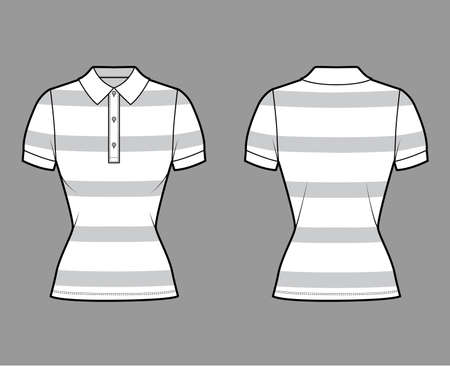 Shirt rugby stripes technical fashion illustration with short sleeves, tunic length,, fitted body, henley polo collar. Apparel top outwear template front, white color style. Women, unisex CAD mockupのイラスト素材