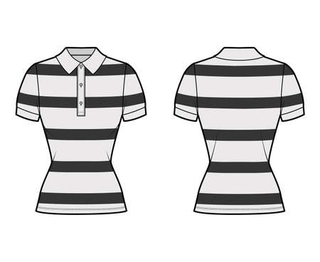 Shirt rugby stripes technical fashion illustration with short sleeves, tunic, fitted body, henley polo collar. Apparel top outwear template front, back, grey color style. Women, men, unisex CAD mockupのイラスト素材