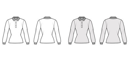 Shirt polo fitted technical fashion illustration with long sleeves, henley button neck, flat knit collar. Apparel top outwear template front, back, white, grey color style. Women men unisex CAD mockupのイラスト素材