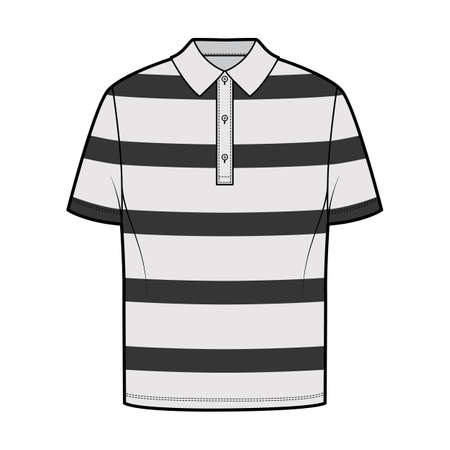 Shirt rugby stripes technical fashion illustration with short sleeves, tunic length, oversized body, henley collar. Apparel top outwear template front, grey color style. Women men, unisex CAD mockupのイラスト素材