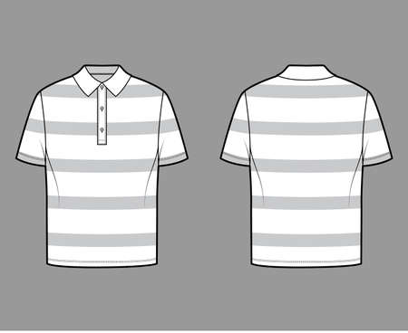 Shirt rugby stripes technical fashion illustration with short sleeves, tunic length, oversized body, henley collar. Apparel top outwear template front, back, white color style. Women men, CAD mockupのイラスト素材