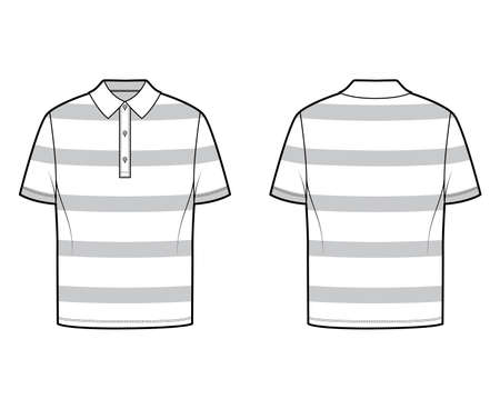 Shirt rugby stripes technical fashion illustration with short sleeves, tunic length, oversized body, henley collar. Apparel top outwear template front, back, white color style. Women men, unisex CADのイラスト素材