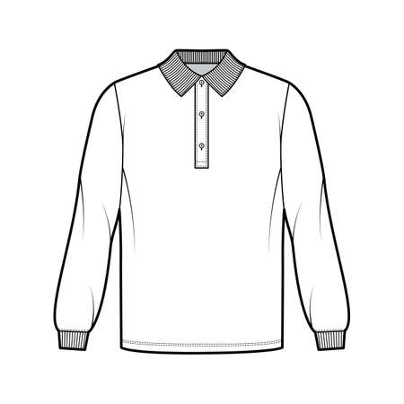 Shirt polo oversized technical fashion illustration with long sleeves, knit cuff, henley button collar. Apparel top outwear template front, white color style. Women, men, unisex CAD mockupのイラスト素材