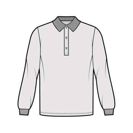 Shirt polo oversized technical fashion illustration with long sleeves, knit cuff, henley button collar. Apparel top outwear template front, grey color style. Women, men, unisex CAD mockupのイラスト素材