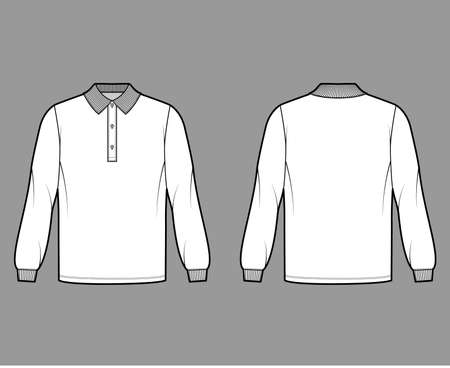 Shirt polo oversized technical fashion illustration with long sleeves, knit cuff, henley button collar. Apparel top outwear template front, back, white color style. Women, men, unisex CAD mockupのイラスト素材