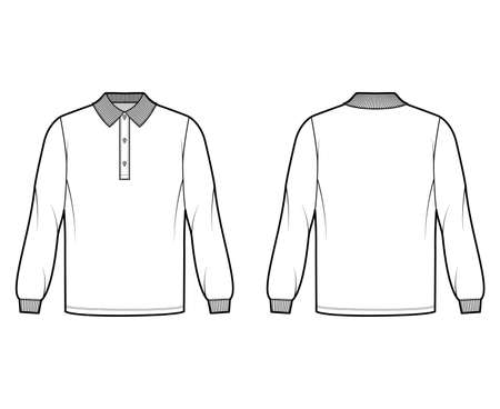 Shirt polo oversized technical fashion illustration with long sleeves, knit cuff, henley button collar. Apparel top outwear template front, back, white color style. Women, men, unisex CAD mockupのイラスト素材