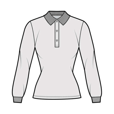 Shirt polo fitted body technical fashion illustration with long sleeves, tunic length, henley button neck, flat knit collar. Apparel top outwear template front, grey color style. Women men CAD mockupのイラスト素材