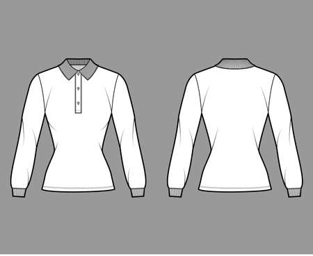 Shirt polo fitted body technical fashion illustration with long sleeves, tunic length, henley button neck, flat knit collar. Apparel top outwear template front, back, white color. Women men CAD mockupのイラスト素材