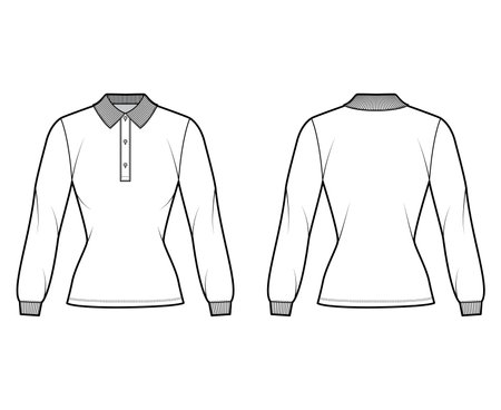 Shirt polo fitted body technical fashion illustration with long sleeves, tunic length, henley button neck, flat knit collar. Apparel top outwear template front, back, white color. Women men CAD mockupのイラスト素材