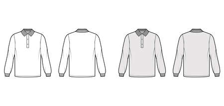Shirt polo oversized technical fashion illustration with long sleeves, knit cuff, henley button collar. Apparel top outwear template front, back, white, grey color style. Women, men, unisex CAD mockupのイラスト素材